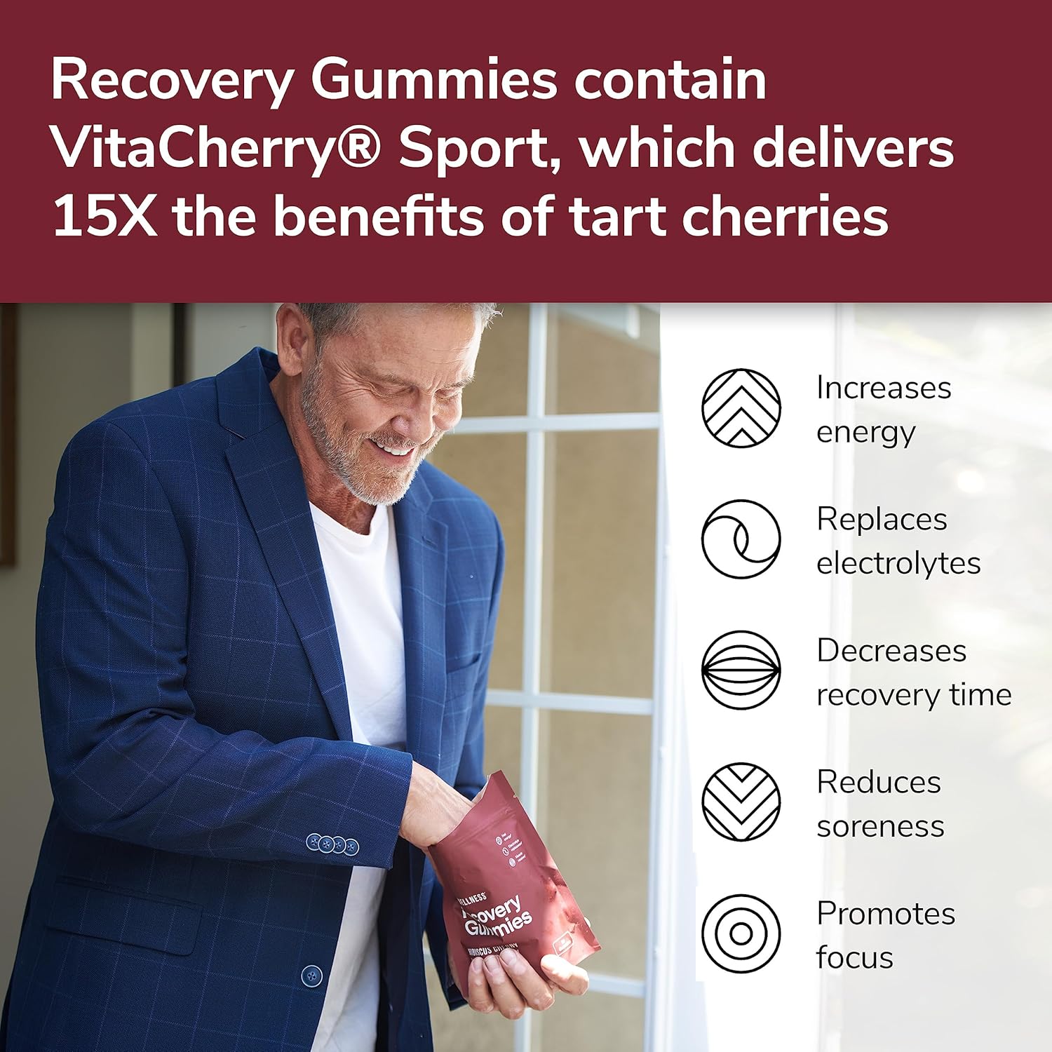 Recovery Gummies - Tart Cherry Gummies for Muscle Recovery - Hibiscus Cherry Flavor with Antioxidants & Electrolytes Combats Soreness, Fights Inflammation, Boosts Energy - Vegan, Non-Gmo, Gluten-Free